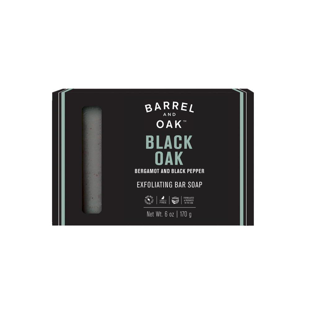Barrel & Oak front packaging showing rugged black oak bar benefits