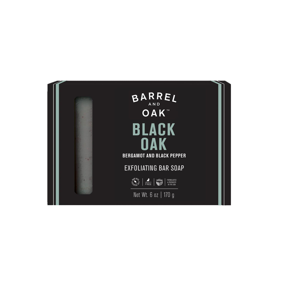 Barrel & Oak front packaging showing rugged black oak bar benefits