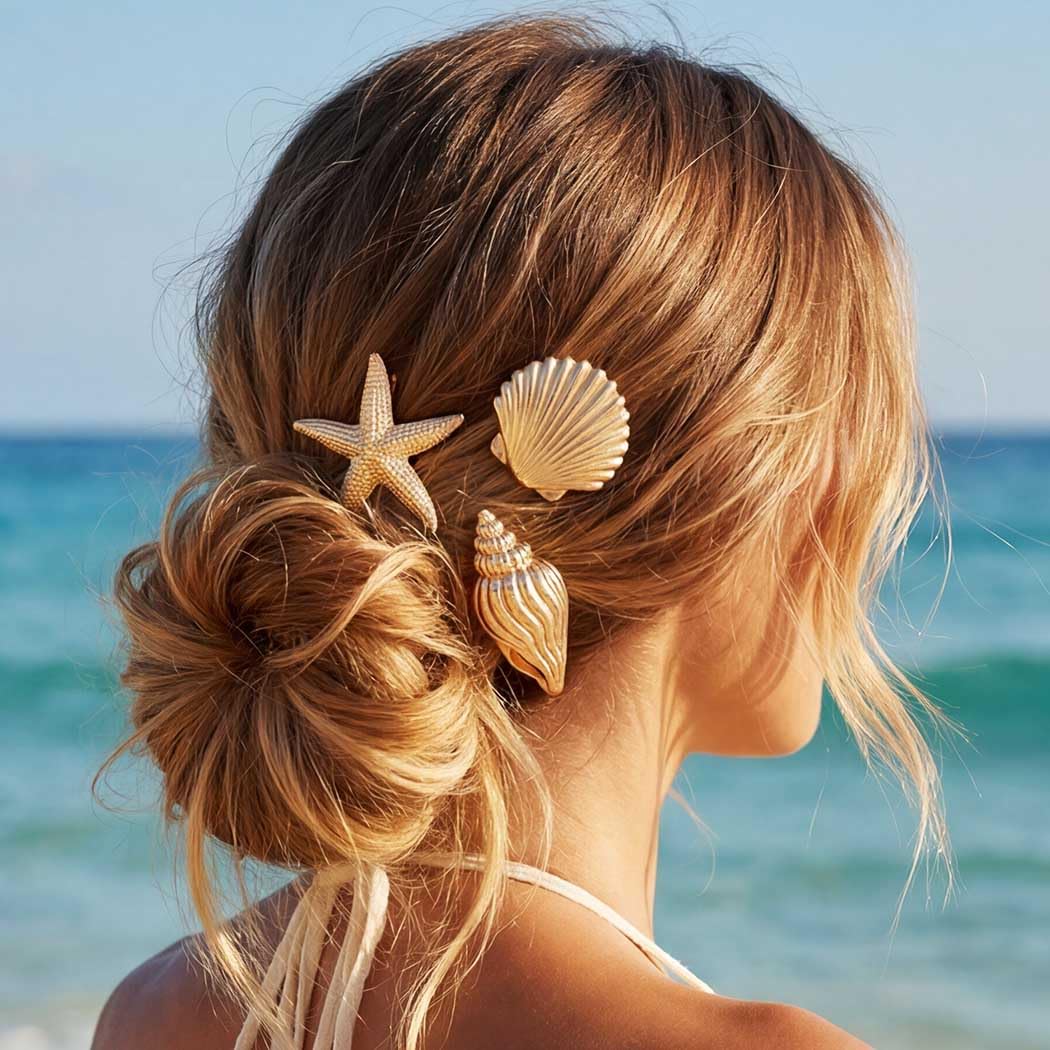 BARTOSI clips worn in half-up hairstyle adding beachy charm and hold