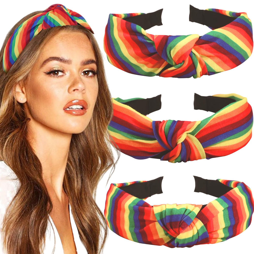 BASEMMAHER front view of three colorful headbands showing vibrant stripes and knots, great for Pride