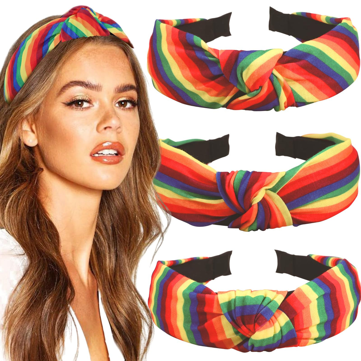 BASEMMAHER front view of three colorful headbands showing vibrant stripes and knots, great for Pride