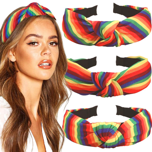 BASEMMAHER front view of three colorful headbands showing vibrant stripes and knots, great for Pride