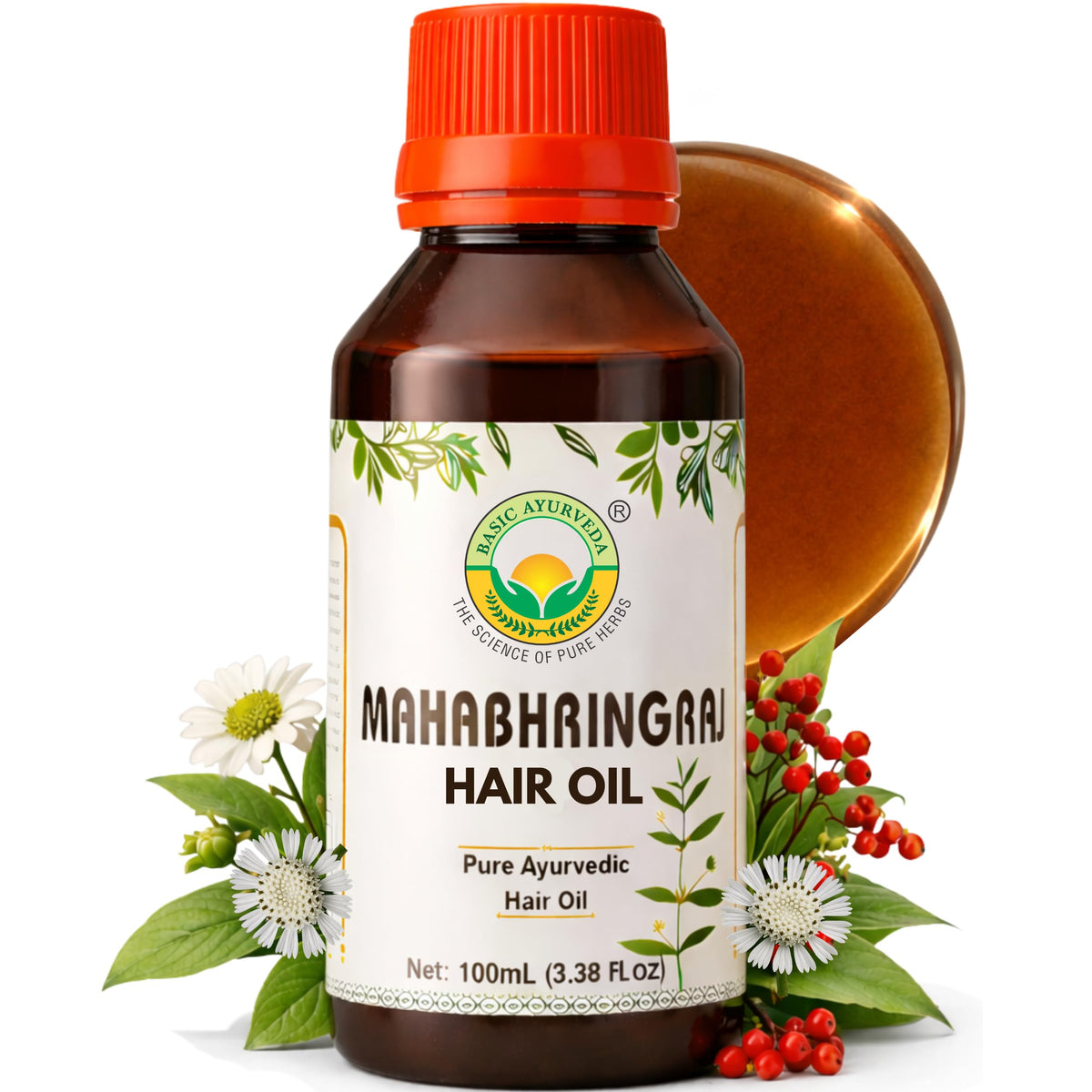 Basic Ayurveda bottle front view showing 100ml bhringraj oil and benefits