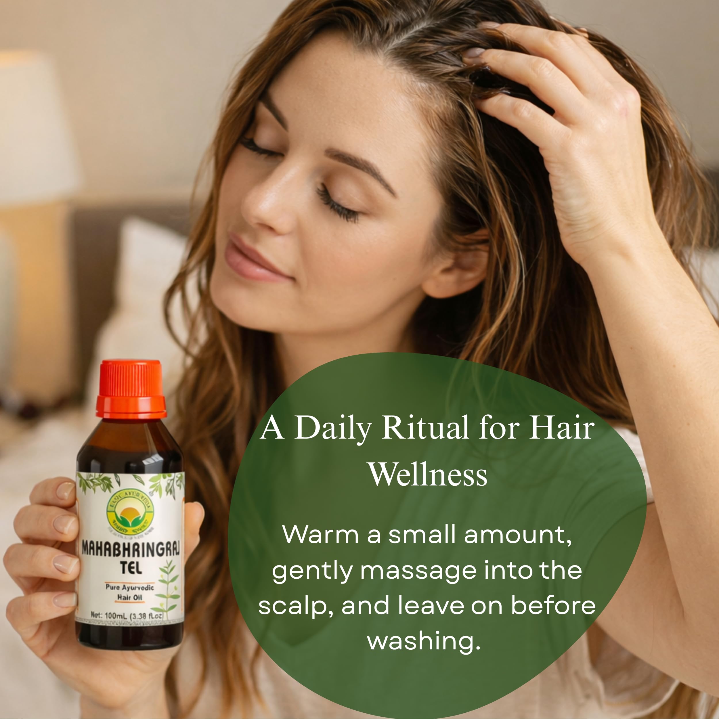 Pouring Basic Ayurveda oil beside shampoo showing pre-wash treatment use
