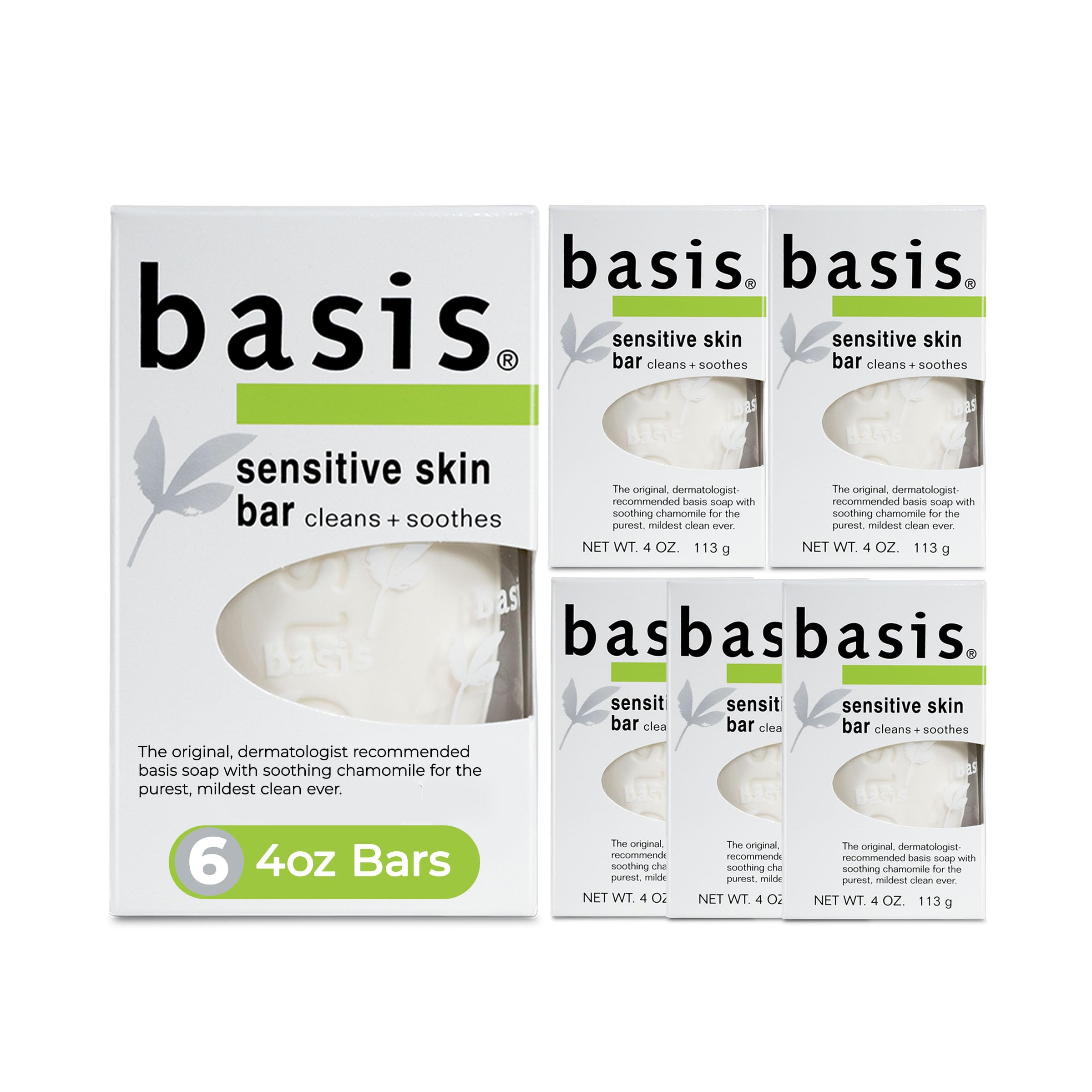 Basis front packaging showing six unscented bars and benefits