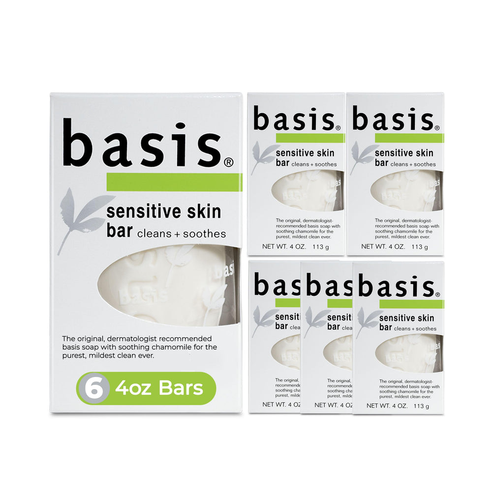 Basis front packaging showing six unscented bars and benefits