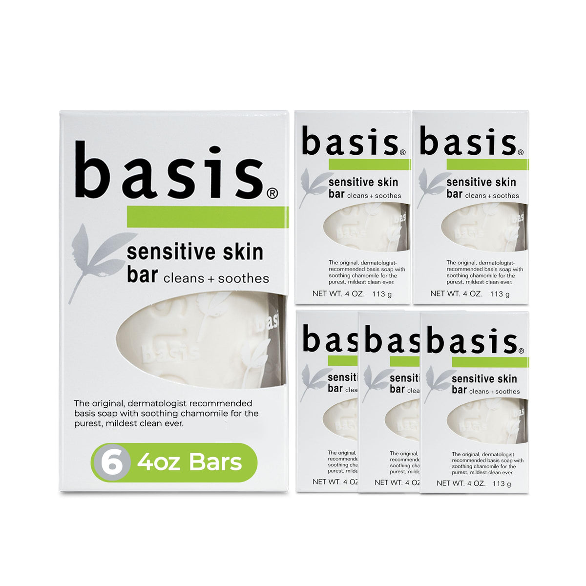 Basis front packaging showing six unscented bars and benefits