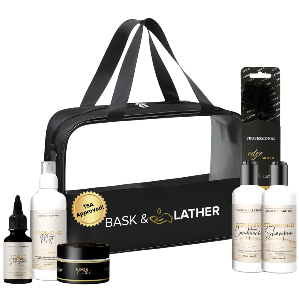 Bask & Lather travel kit front view showing compact bag and bottles for easy packing