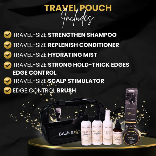 Bask & Lather open travel bag with neatly arranged 3 oz hair products for organized travel