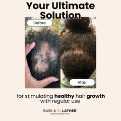 Bask & Lather with scalp massager illustrating improved circulation and absorption benefit
