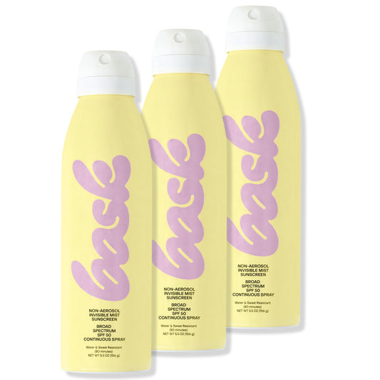Bask front packaging showing SPF 50 and non-aerosol spray benefits