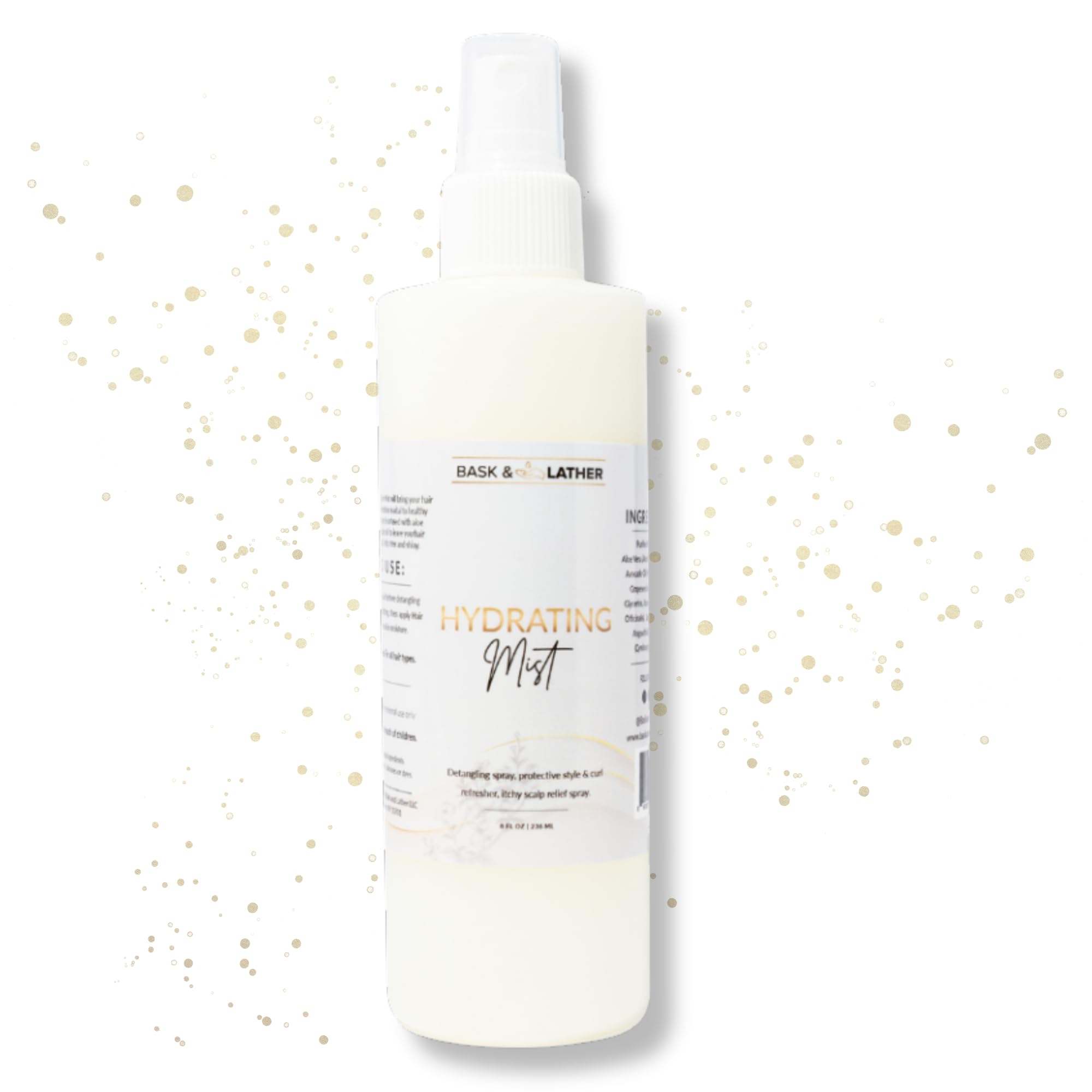 BASK & LATHER front bottle view showing hydrating leave-in benefit