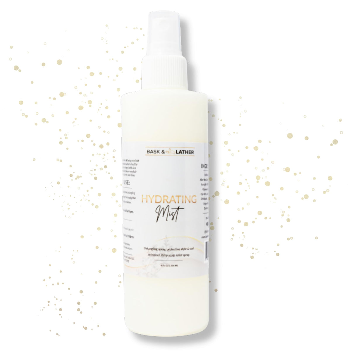 BASK & LATHER front bottle view showing hydrating leave-in benefit
