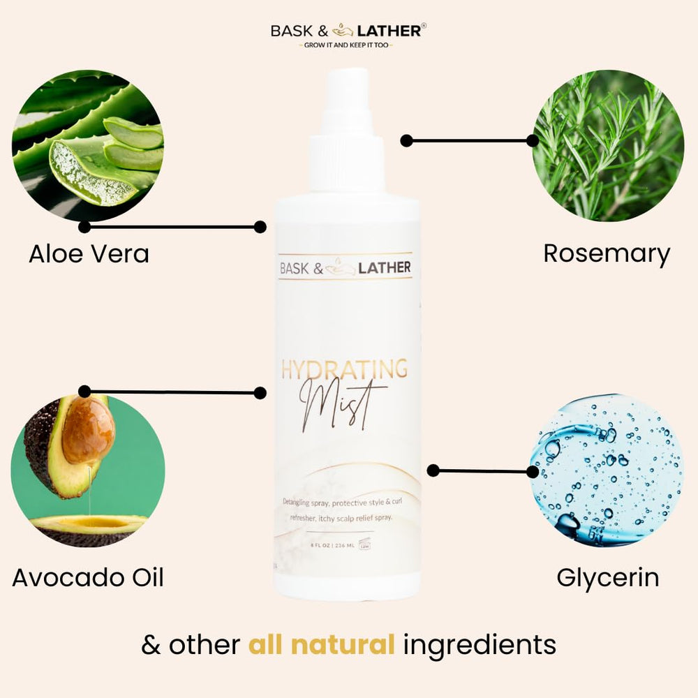 BASK & LATHER bottle in hand showing 8 oz size and portability benefit