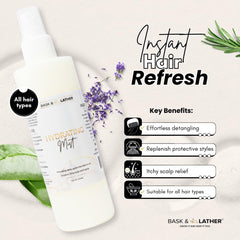BASK & LATHER nozzle close-up illustrating fine mist application benefit