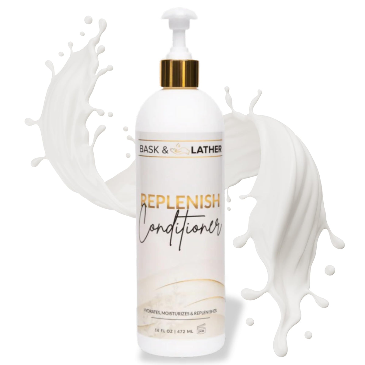 BASK & LATHER bottle front view showing label and hydrating benefits
