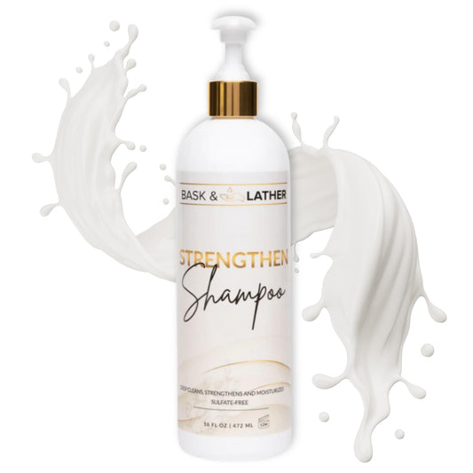 BASK & LATHER front bottle view showing label and XL size for lasting value
