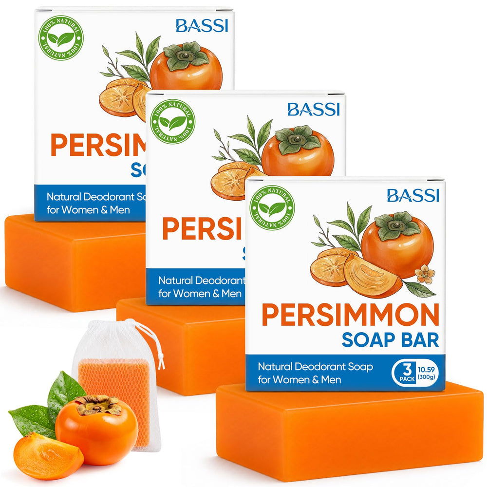 BASSI front packaging showing three persimmon deodorant bars and fresh appearance