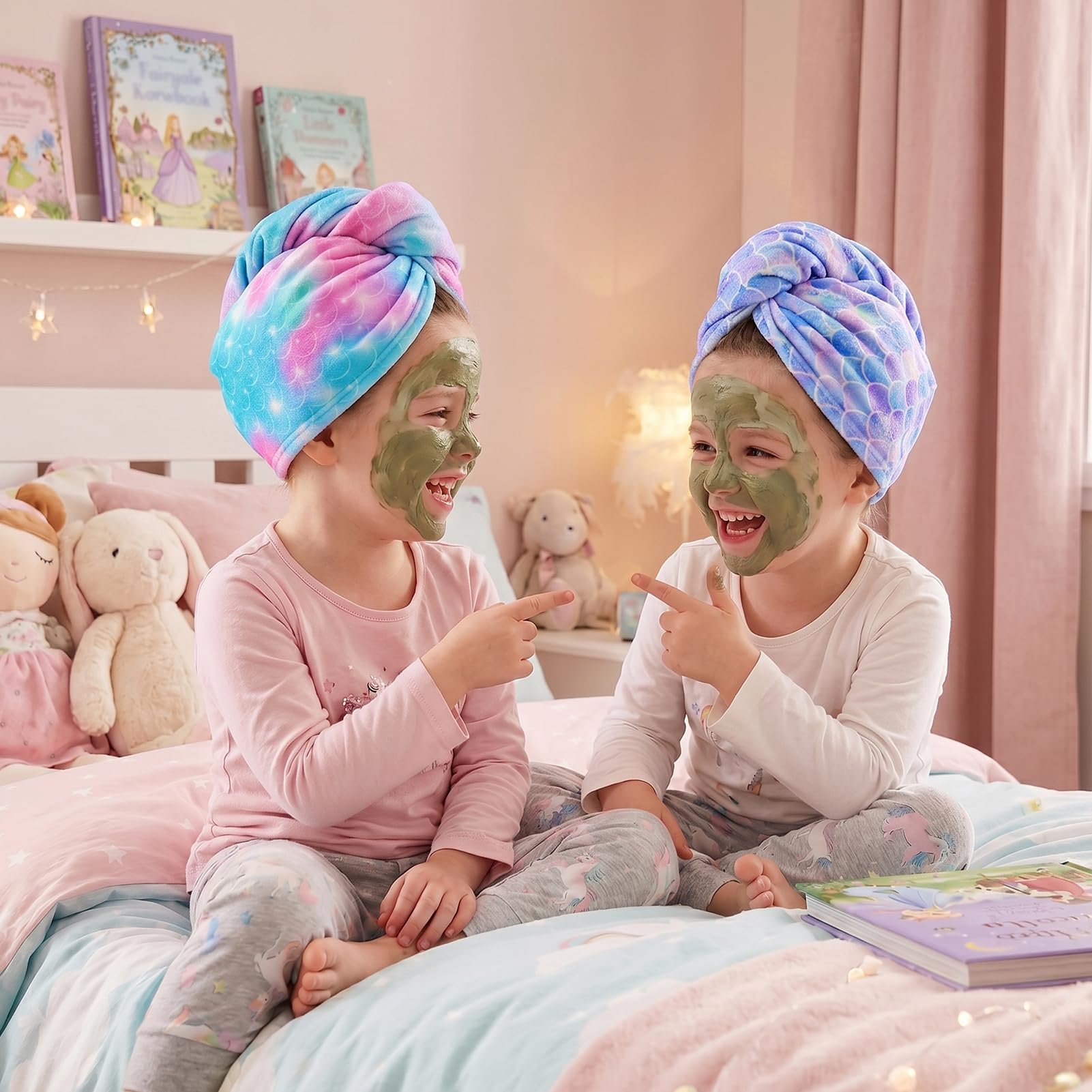 Basumee child wearing mermaid turban in bathroom illustrating comfortable hands-free drying
