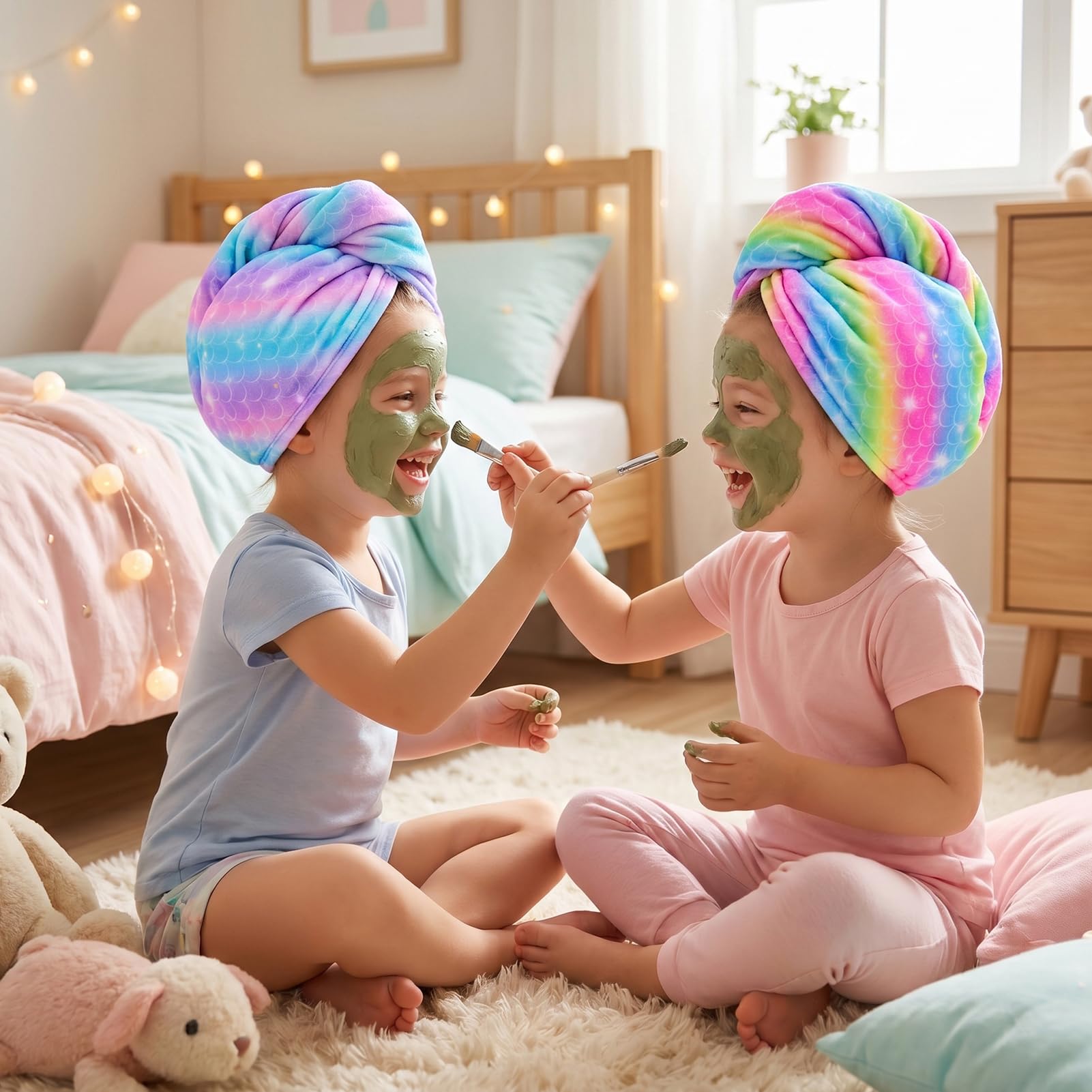 Basumee child wearing hair turban after bath demonstrating hands-free drying