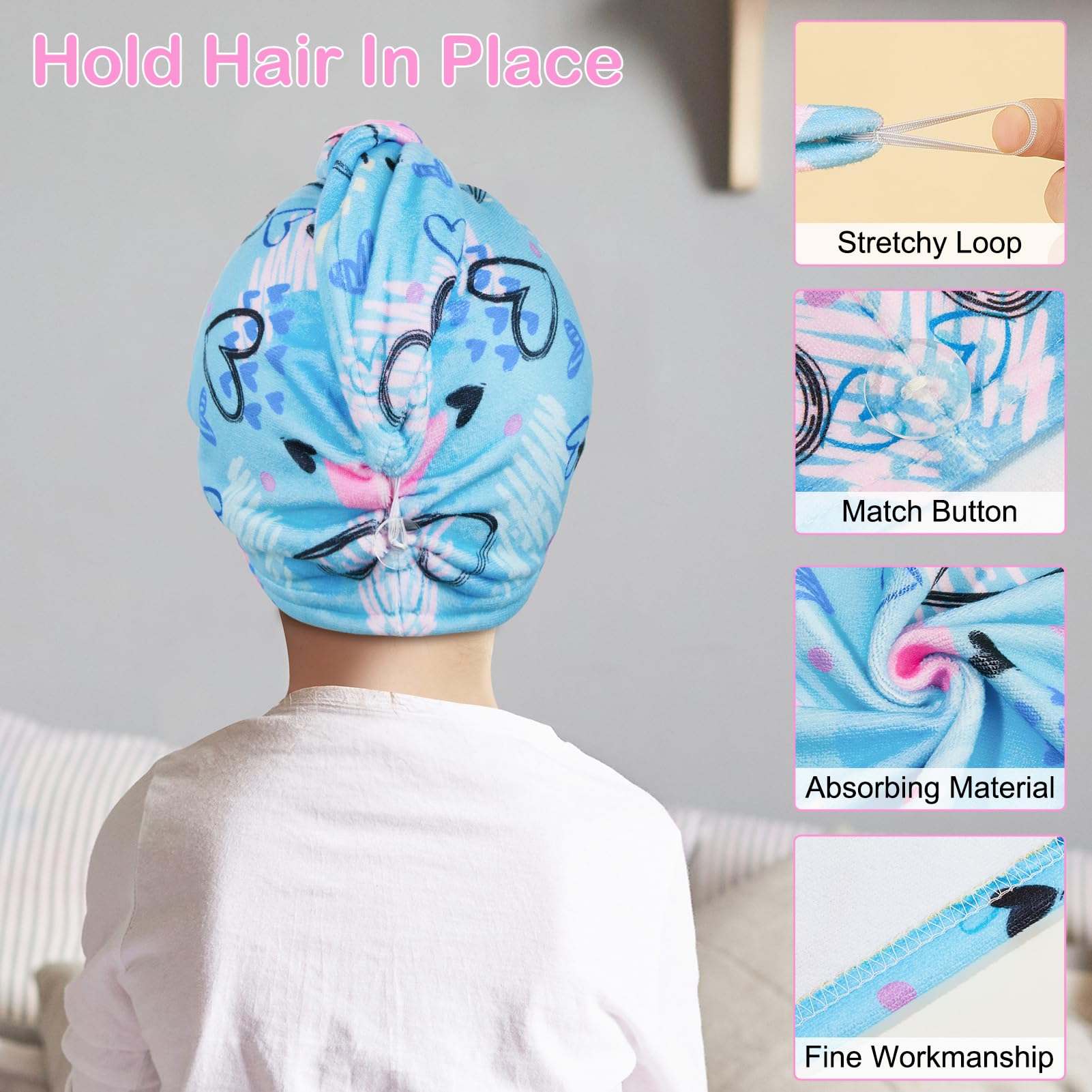 Child wearing Basumee turban after bath keeping hair contained and hands free