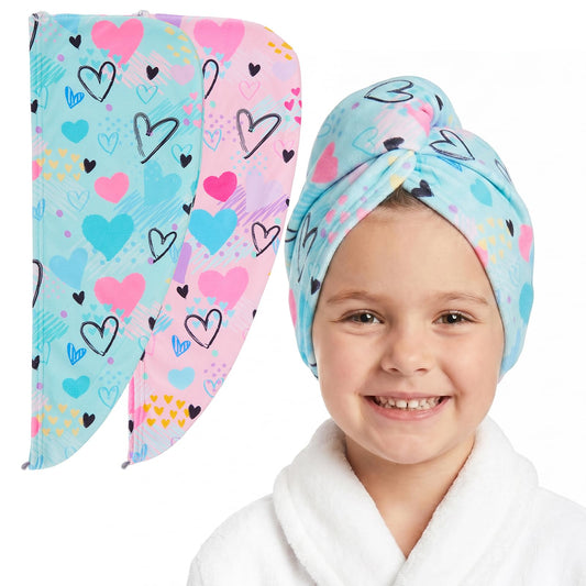 Basumee front view of two blue kids turbans showing playful prints and fast drying