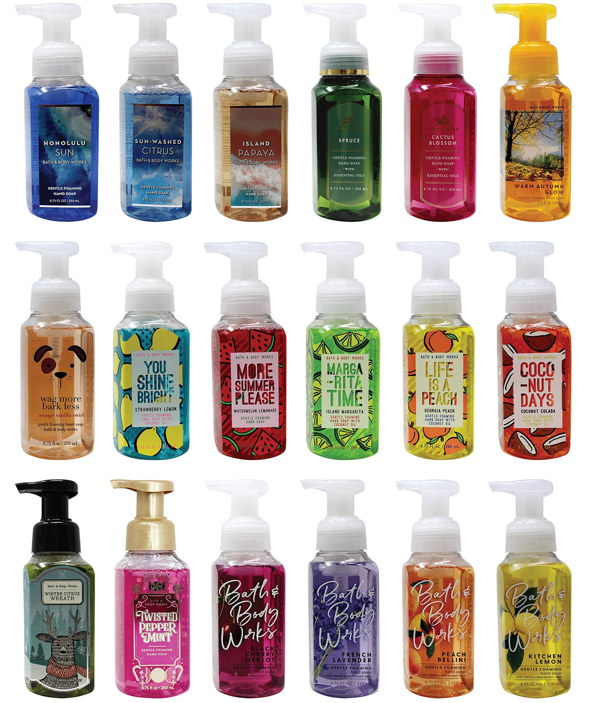 Bath & Body Works front view showing five gentle foaming soap bottles for soft hands