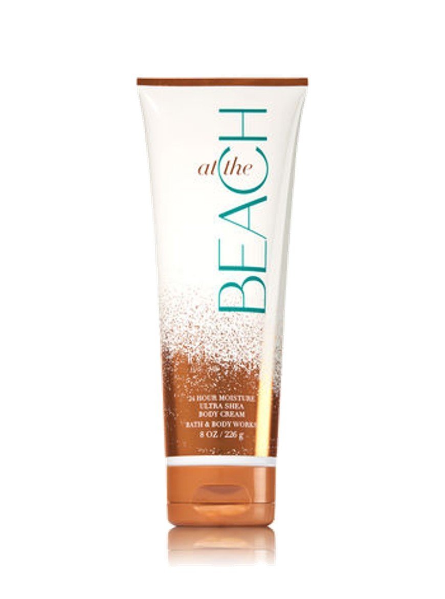 Bath & Body Works jar front view showing label and beach scent, highlights moisturizing benefits