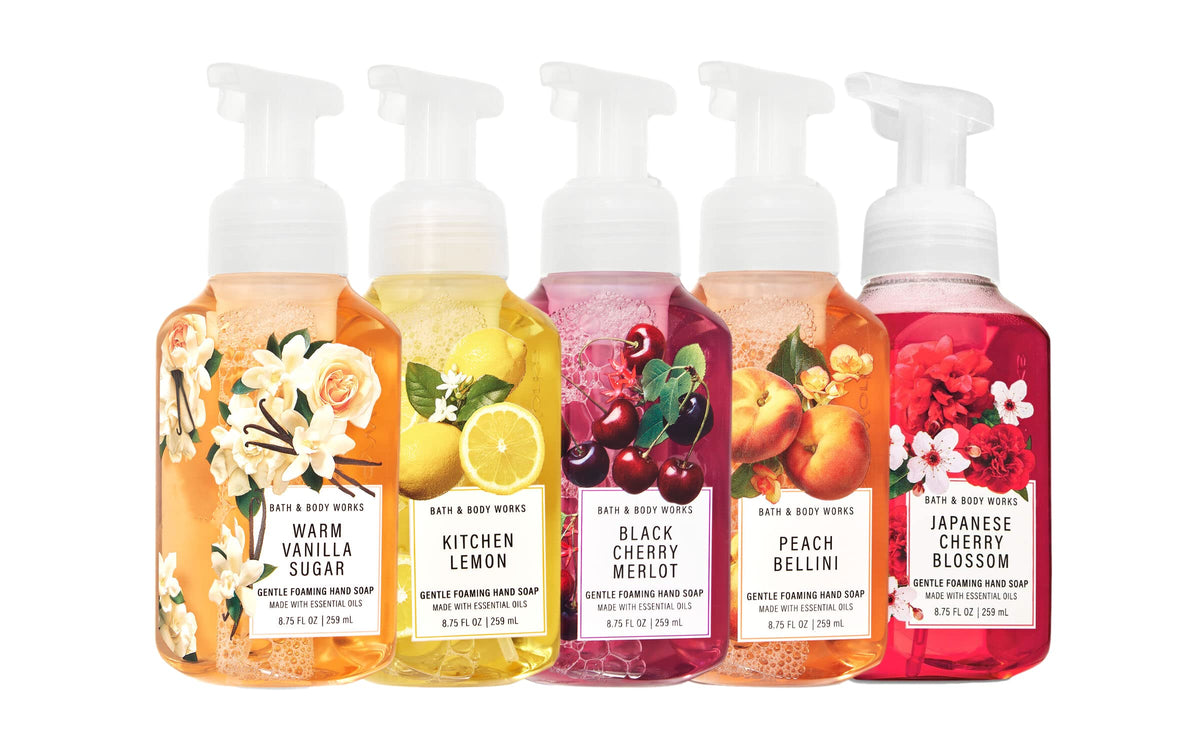 Bath & Body Works five-pack front view showing labels and convenient foaming pumps