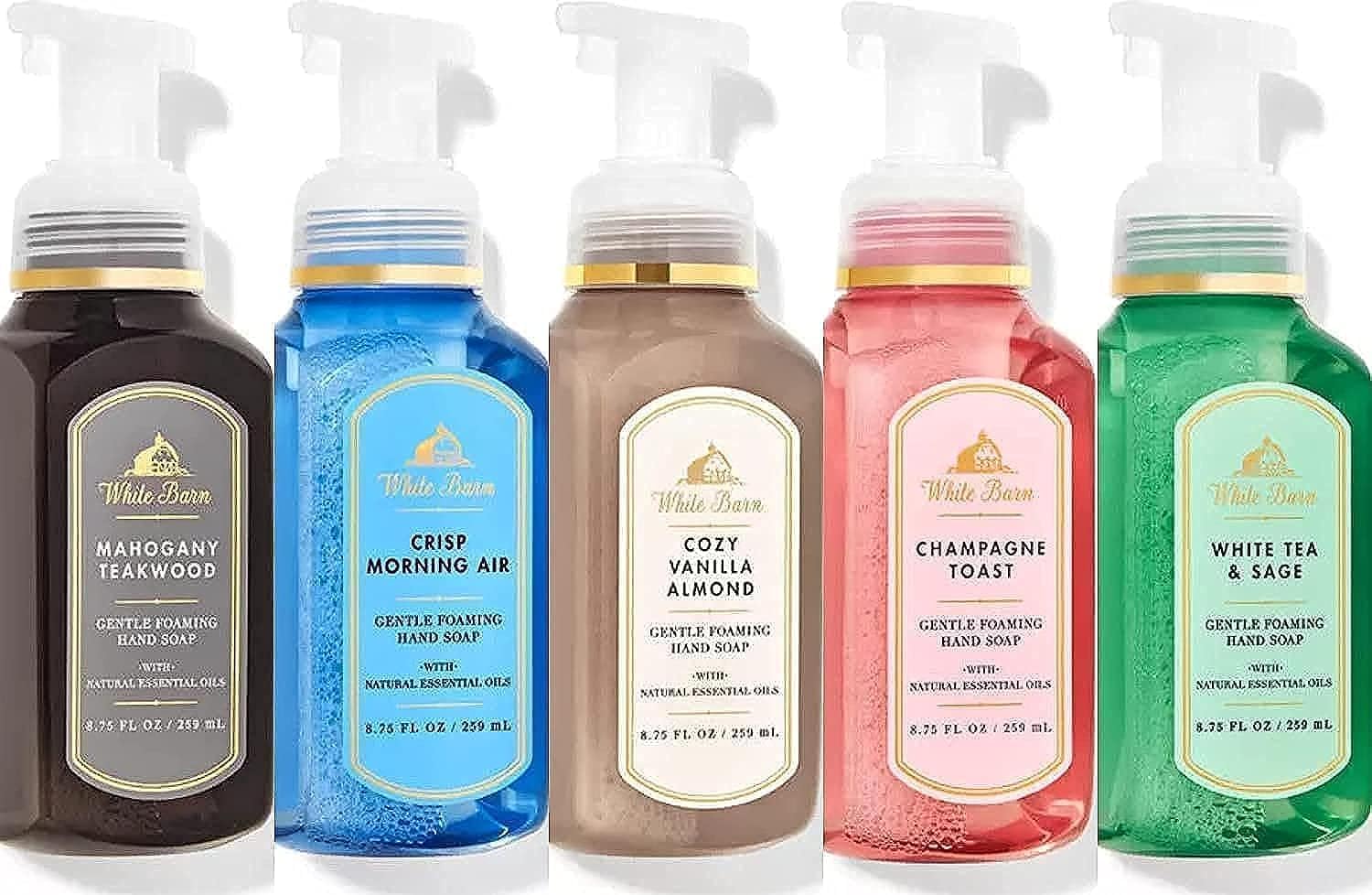 Bath & Body Works front packaging showing five foaming soap bottles, scent variety benefit