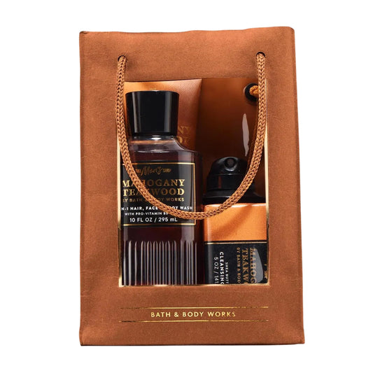 Bath & Body Works front packaging showing all four Mahogany Teakwood items and gift-ready look