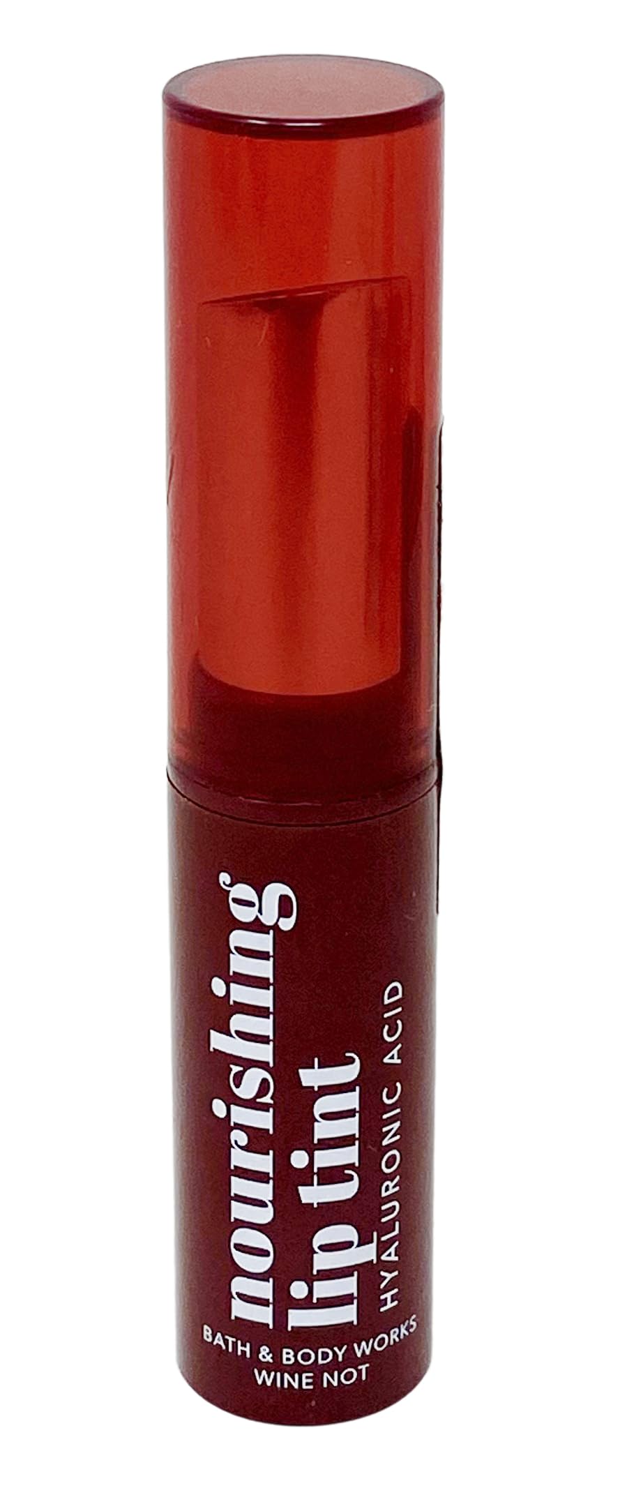 Bath & Body Works lip tint front tube showing warm red shade and portable design