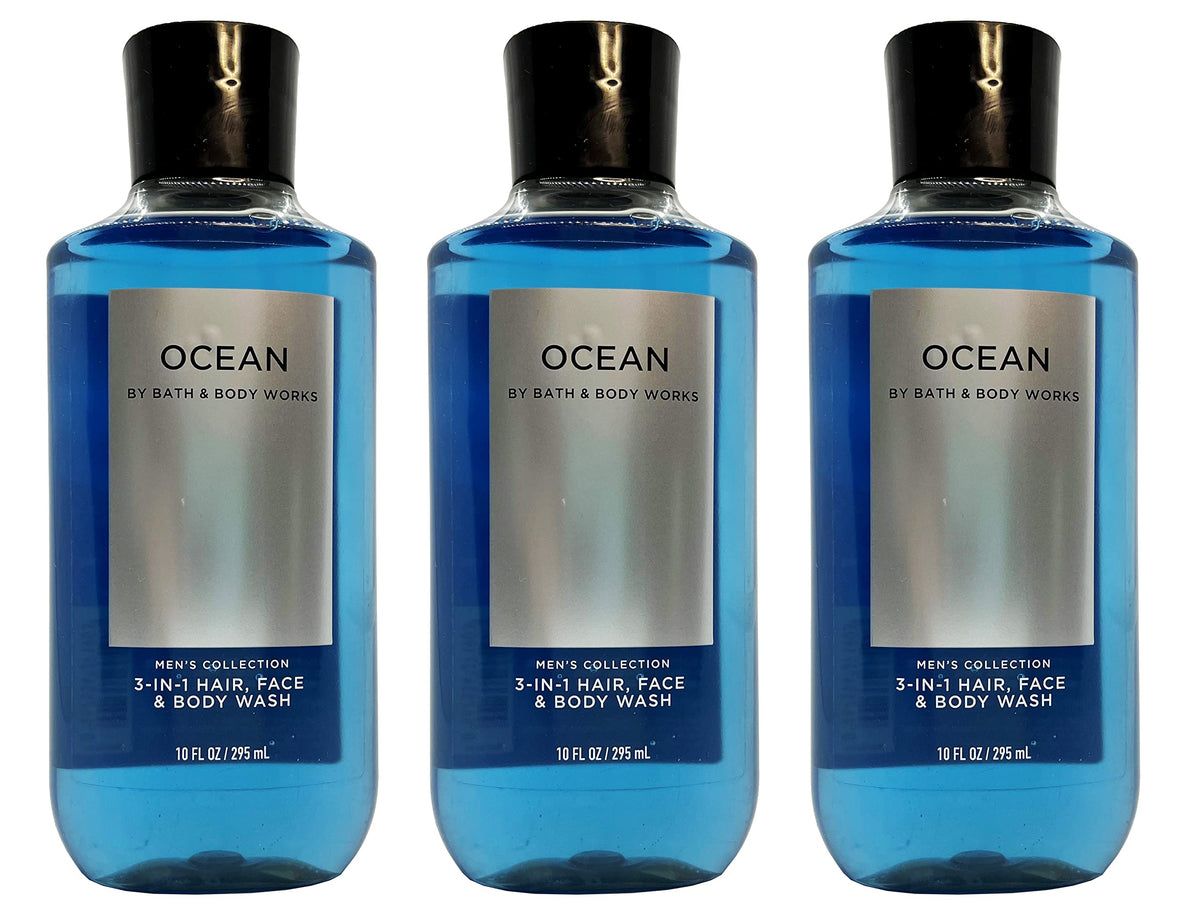 Bath & Body Works ocean front packaging shows three 10 oz bottles and fresh scent
