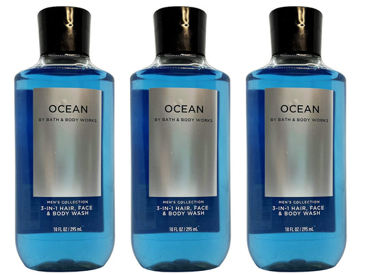 Bath & Body Works ocean front packaging shows three 10 oz bottles and fresh scent