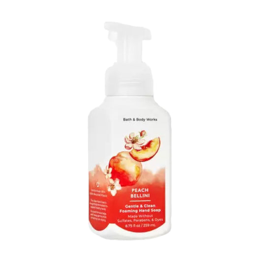 Bath & Body Works front view of Peach Bellini foaming hand soap, showcases bottle and label for easy identification and use