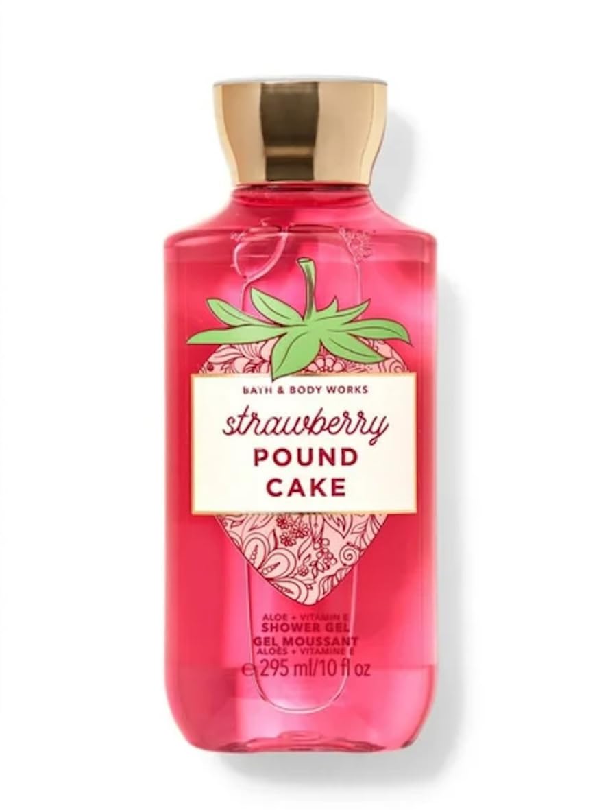 Bath & Body Works bottle front showing Strawberry Pound Cake scent, moisturizing benefits