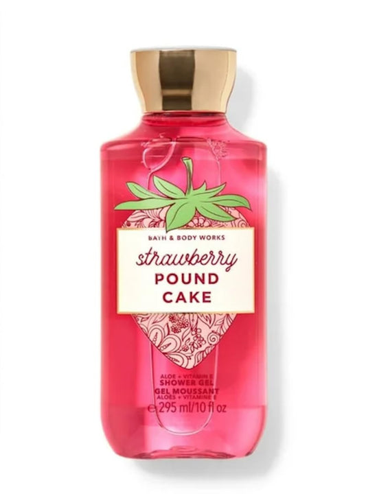 Bath & Body Works bottle front showing Strawberry Pound Cake scent, moisturizing benefits