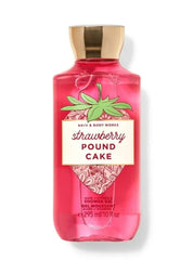 Bath & Body Works bottle front showing Strawberry Pound Cake scent, moisturizing benefits