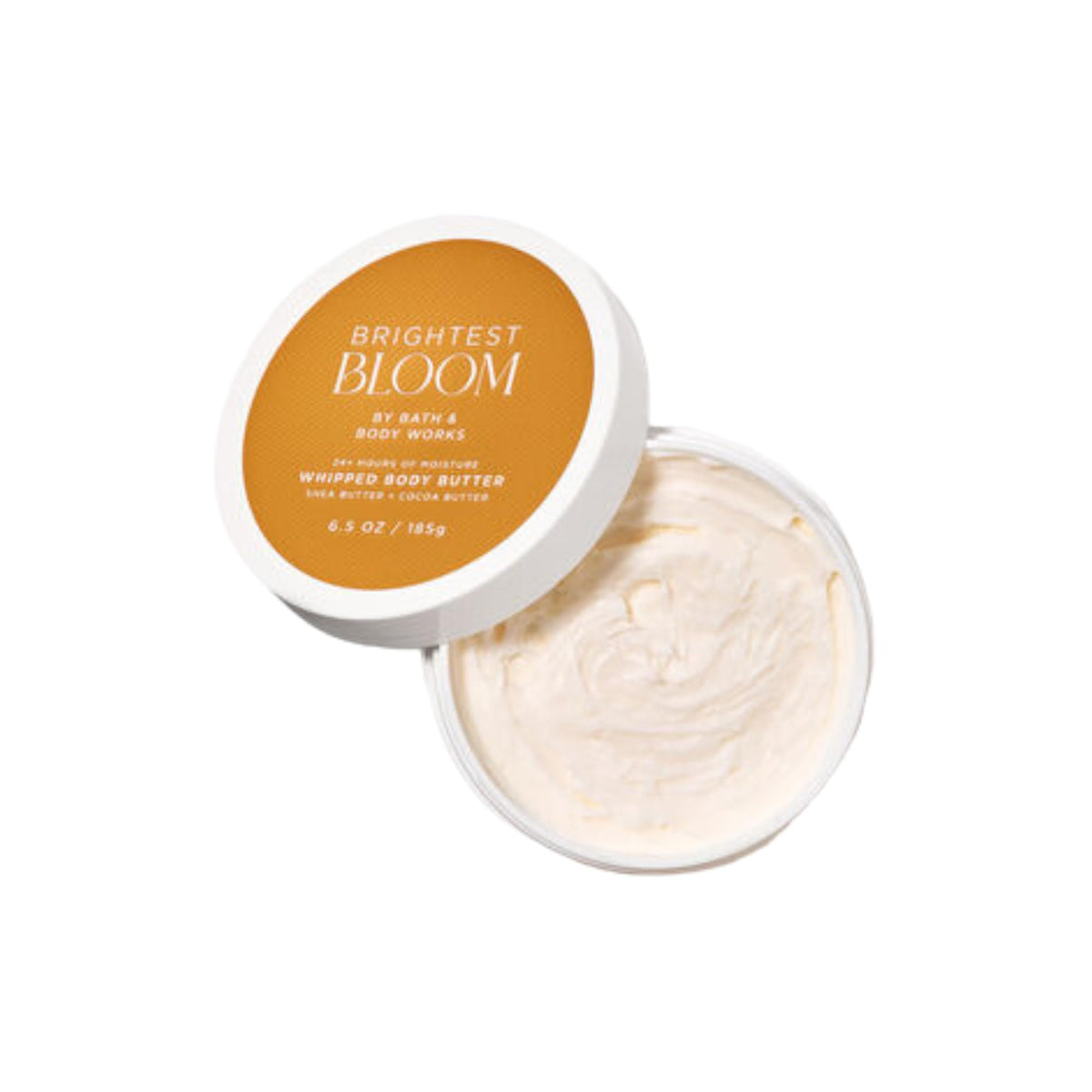 Bath & Body Works Brightest Bloom jar front showing label and size, highlighting moisturizing benefits