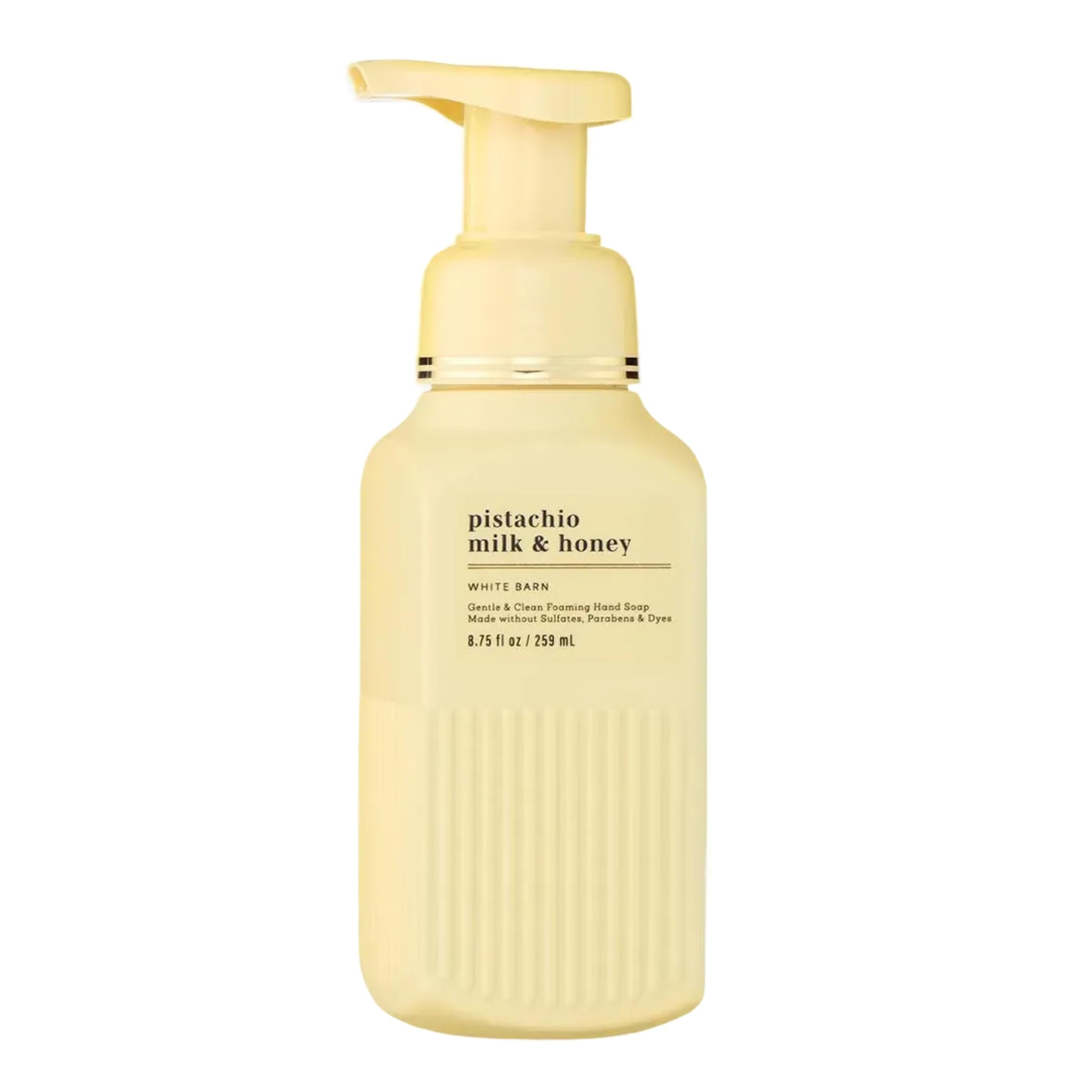 Bath & Body Works bottle front view shows pistachio scent and gentle foam benefit