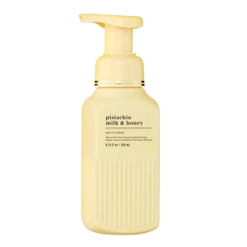 Bath & Body Works bottle front view shows pistachio scent and gentle foam benefit