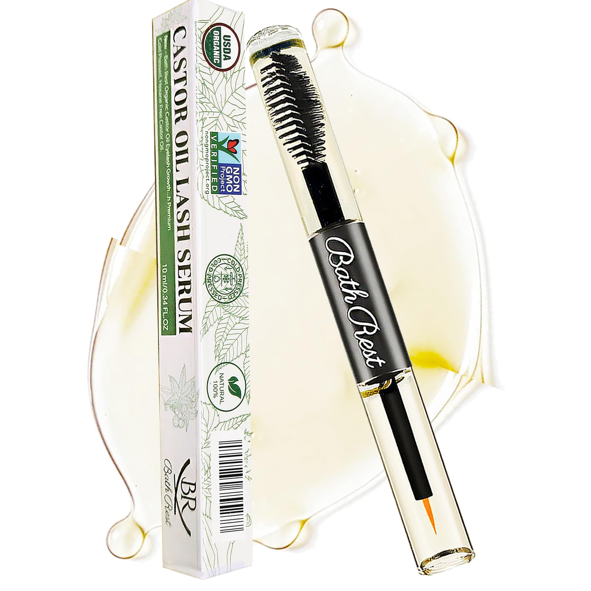 Bathrest front packaging of castor oil showing clean label and tube, nourishing lashes