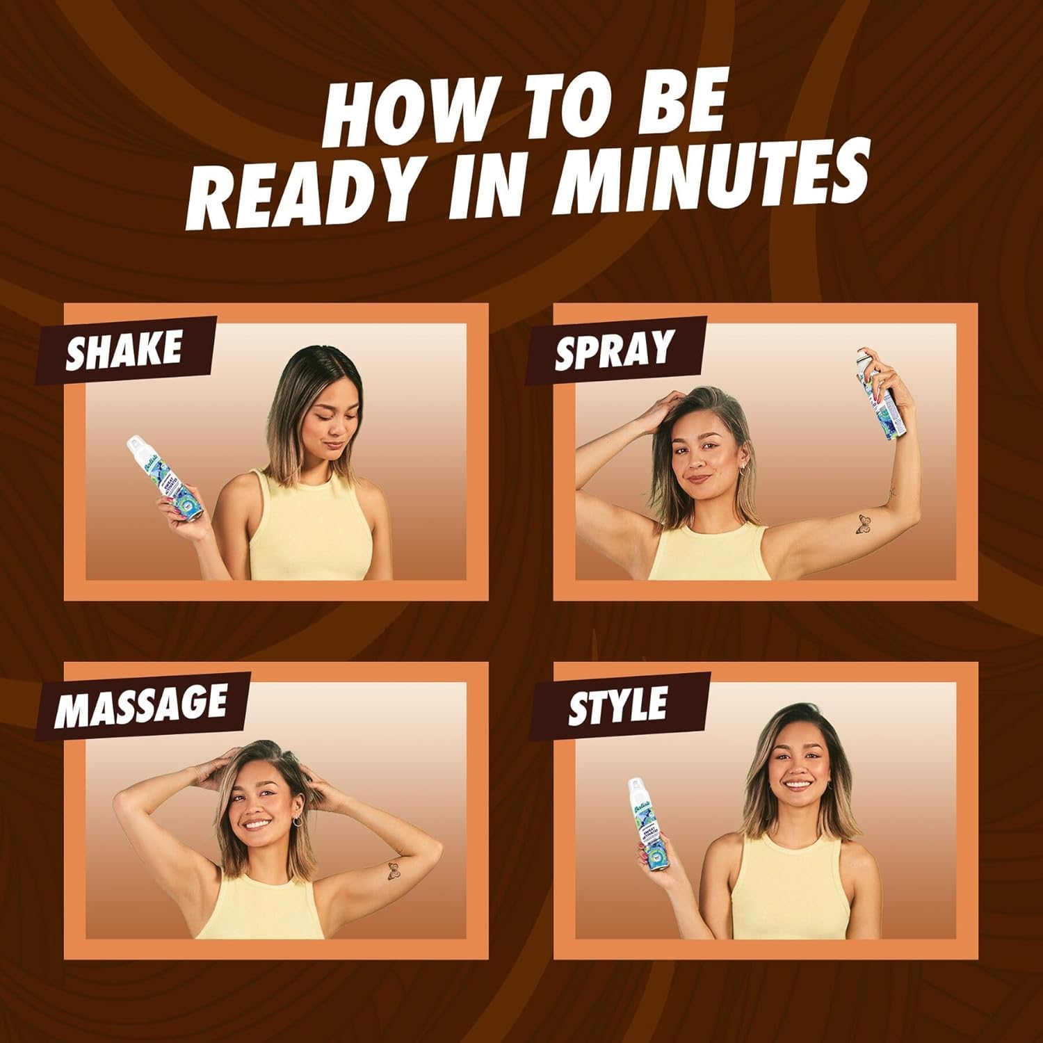 Batiste dark hair label details highlighting tinted formula and scent profile benefit