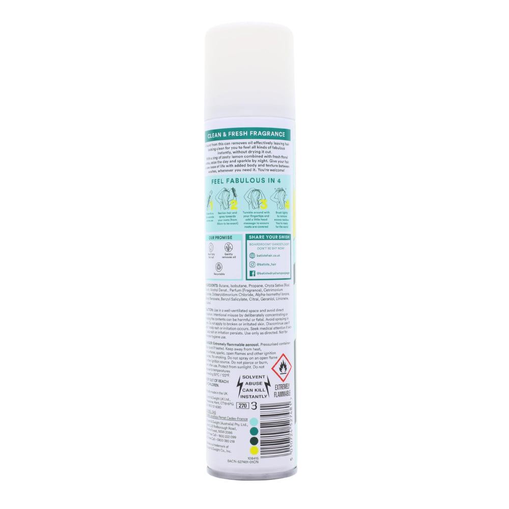 Batiste spray mist close-up illustrating fine dry-shampoo texture and quick absorption