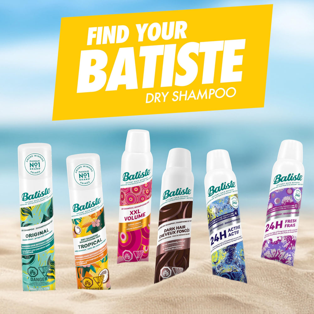 Batiste Tropical next to travel items showing 6.73 oz size, convenient portability