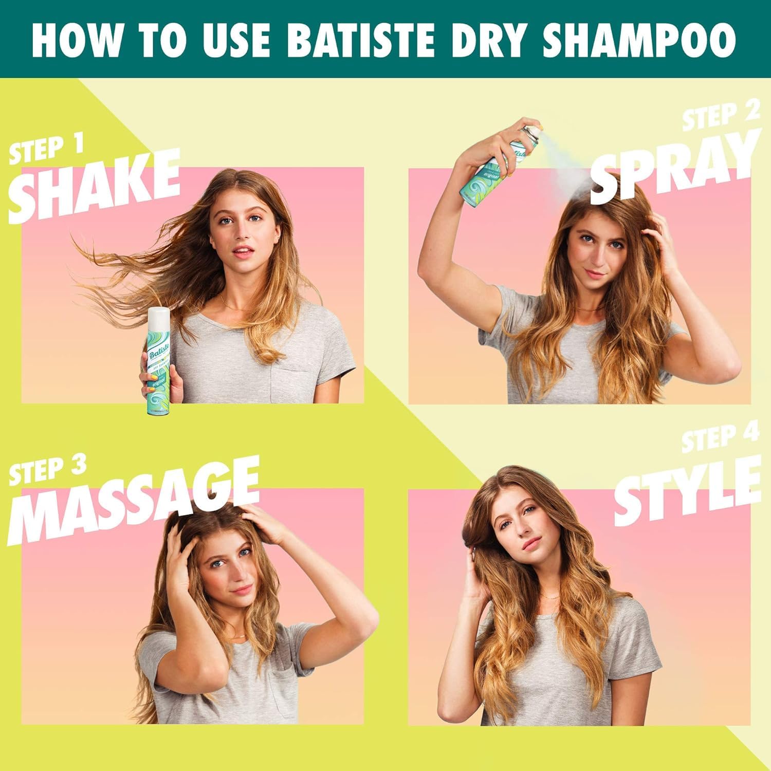 Batiste spray in action being applied to roots for quick oil absorption