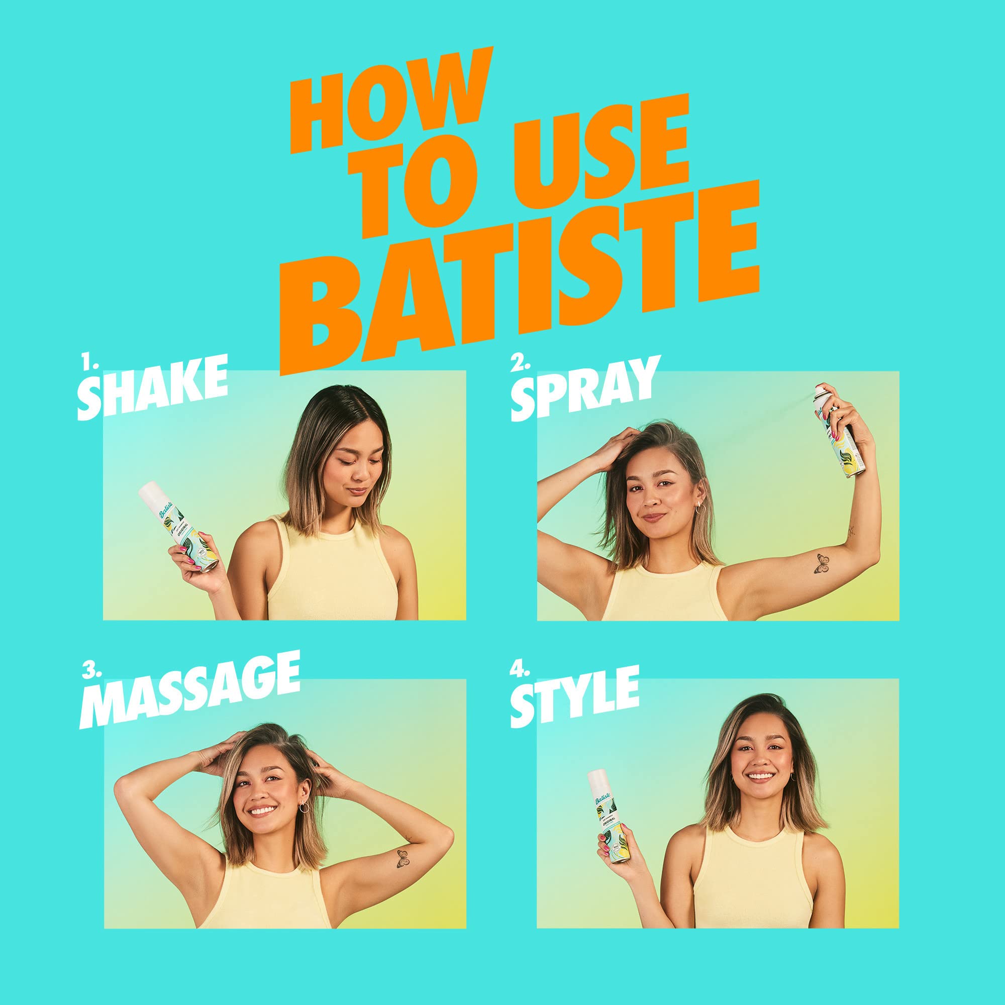 Batiste being sprayed at roots to absorb oil and refresh hair