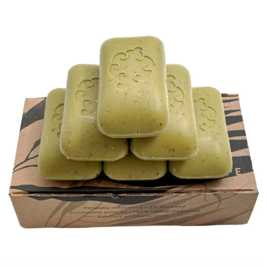 Baudelaire close-up of seaweed particles in soap texture for effective exfoliation