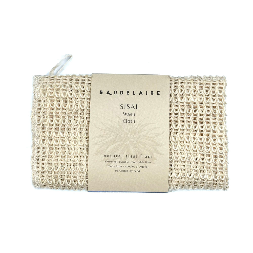 Baudelaire sisal wash cloth front view showing size and natural weave for gentle exfoliation