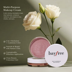 bayfree applied on cheek for natural glow, demonstrates hydrating finish